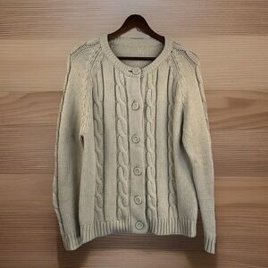 Vintage Cable Knit Cardigan Sweater‎ M Beige Cable knit Covered Buttons Granny